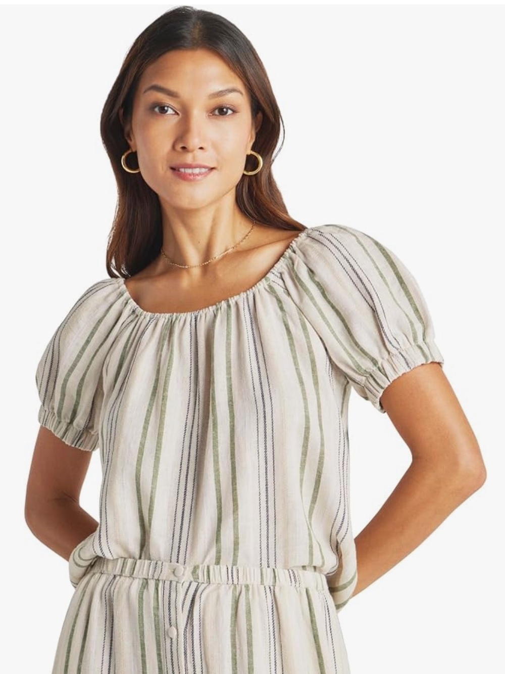 Splendid Farrah Striped Puff Sleeve Top Linen Blend Cyprus Stripe Beige Size XL